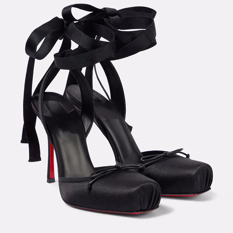 Satin Bow Square Toe Ankle Strap Heels