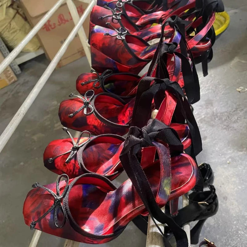 Satin Bow Square Toe Ankle Strap Heels