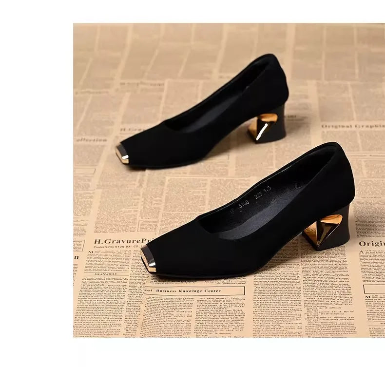 Retro Square Toe Mid Heel Slip-On Shoes